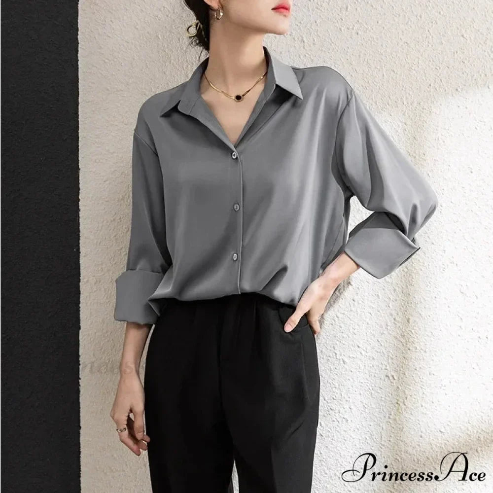 Solid Smooth Drape Baggy Long Sleeve Office Lady Blouse