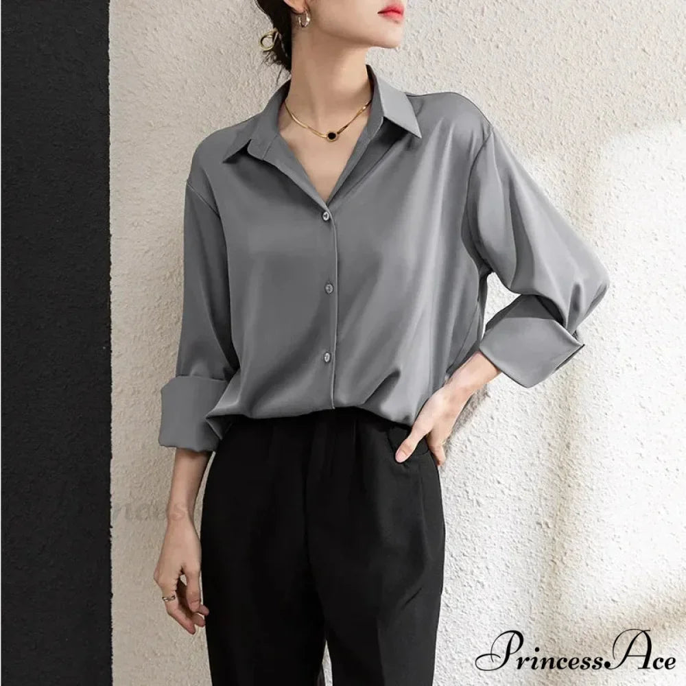 Solid Smooth Drape Baggy Long Sleeve Office Lady Blouse