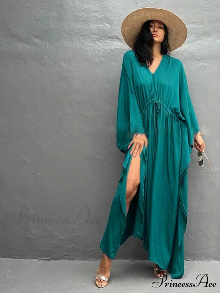 Solid Tunic Loose Kaftan Side Split Long Maxi Dress