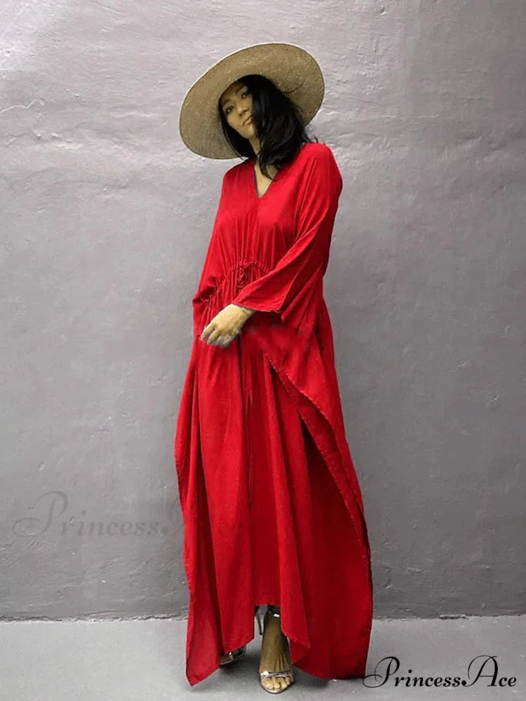 Solid Tunic Loose Kaftan Side Split Long Maxi Dress