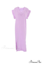 Solid V Neck Cotton Dress with Side Slit