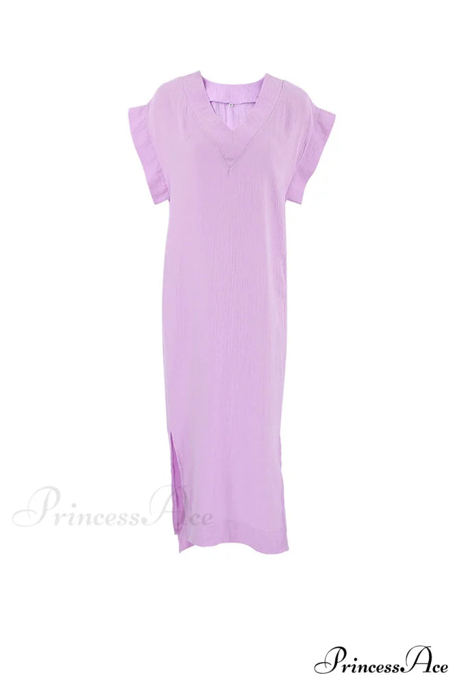 Solid V Neck Cotton Dress with Side Slit