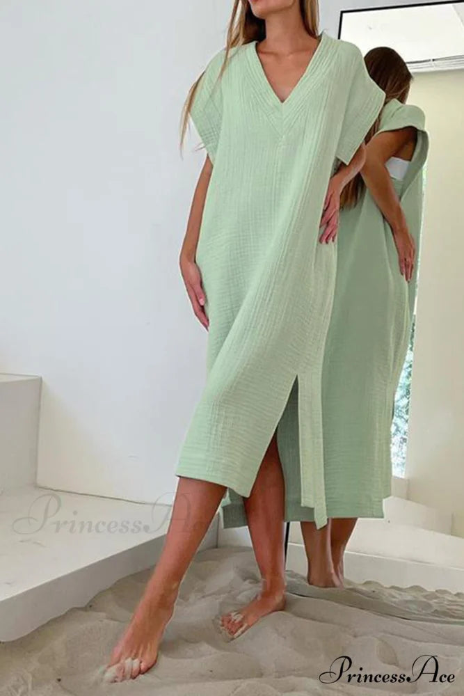 Solid V Neck Cotton Dress with Side Slit