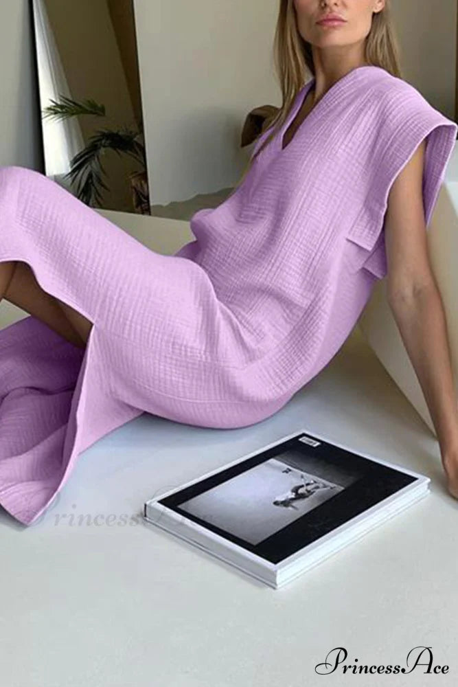 Solid V Neck Cotton Dress with Side Slit