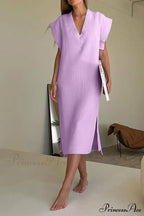 Solid V Neck Cotton Dress with Side Slit