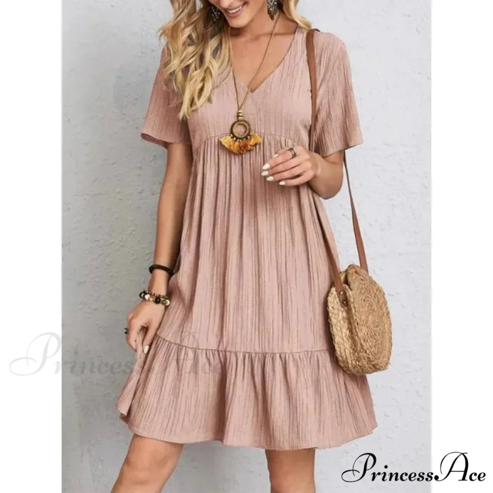Solid V-Neck Short Sleeve Ruffles Boho Dress