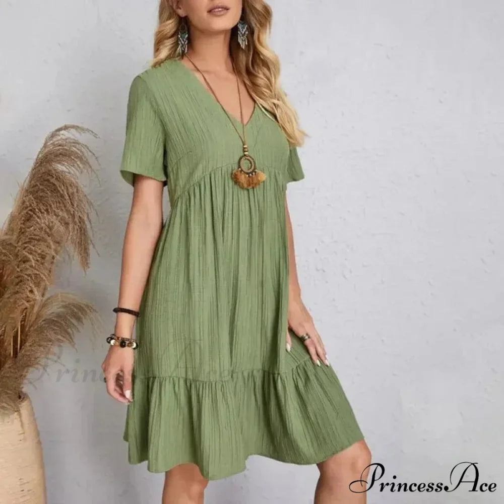 Solid V-Neck Short Sleeve Ruffles Boho Dress