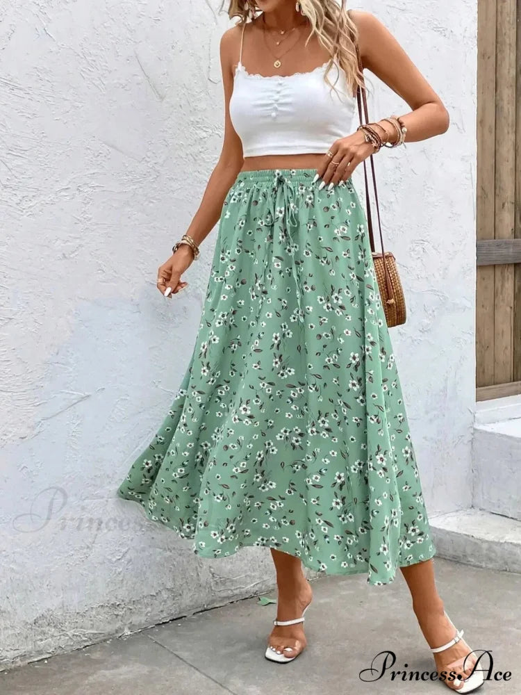 Sophisticated Broken Blossom Midi Skirt Cinch Cord Informal Style