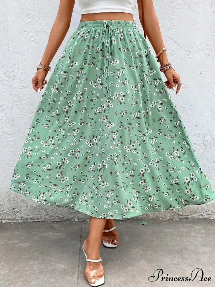 Sophisticated Broken Blossom Midi Skirt Cinch Cord Informal Style