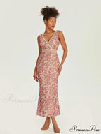 Sophisticated Flower Fishtail Lace Trim Wrap V-neck Bodycon Flower Dress