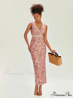 Sophisticated Flower Fishtail Lace Trim Wrap V-neck Bodycon Flower Dress