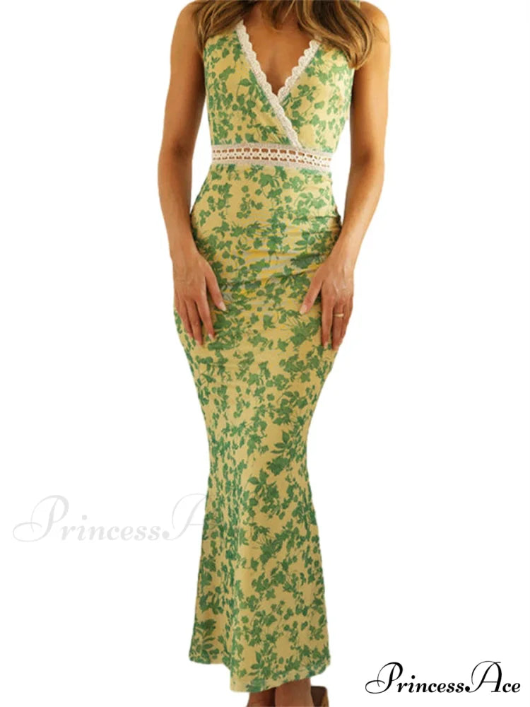 Sophisticated Flower Fishtail Lace Trim Wrap V-neck Bodycon Flower Dress