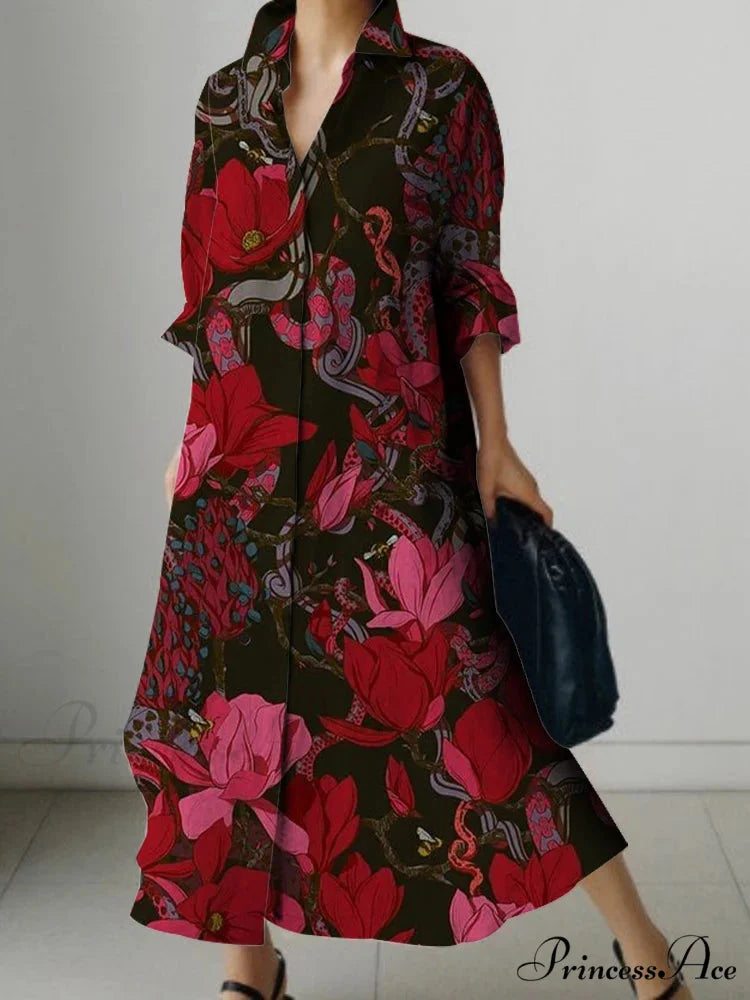 Sophisticated Flower Pattern Extended Sleeve Knee Dress