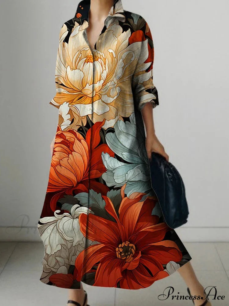 Sophisticated Flower Pattern Extended Sleeve Knee Dress