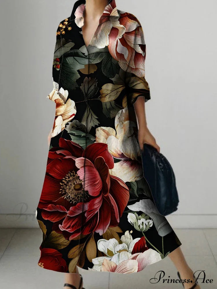 Sophisticated Flower Pattern Extended Sleeve Knee Dress