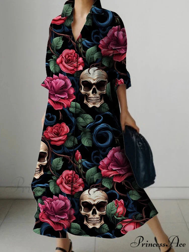 Sophisticated Flower Pattern Extended Sleeve Knee Dress