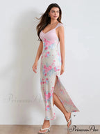 Sophisticated Lace Patchwork Floral Mesh Backless V-Neck High Slit Celebration Dress
