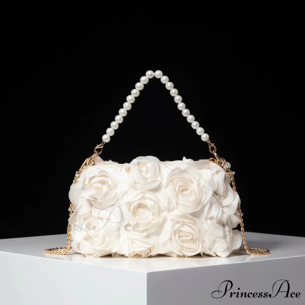 Sophisticated Rose Flower Imitation Pearl Metal Chain Clutch Purse