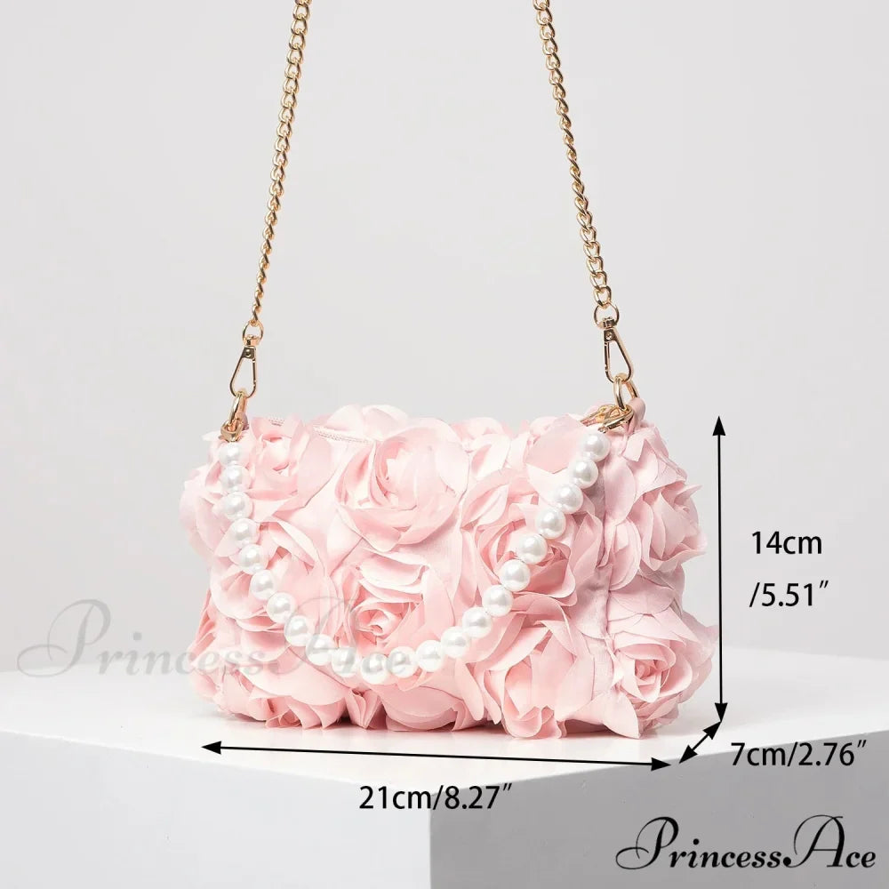 Sophisticated Rose Flower Imitation Pearl Metal Chain Clutch Purse