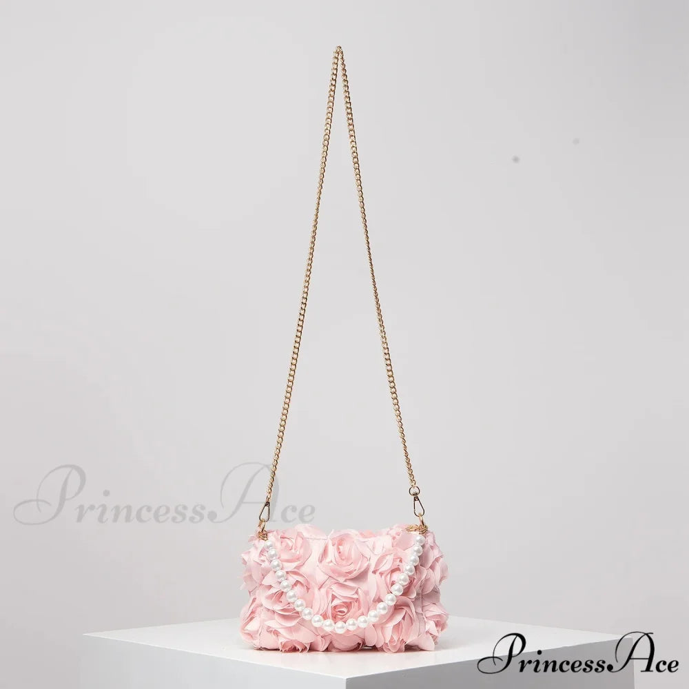 Sophisticated Rose Flower Imitation Pearl Metal Chain Clutch Purse