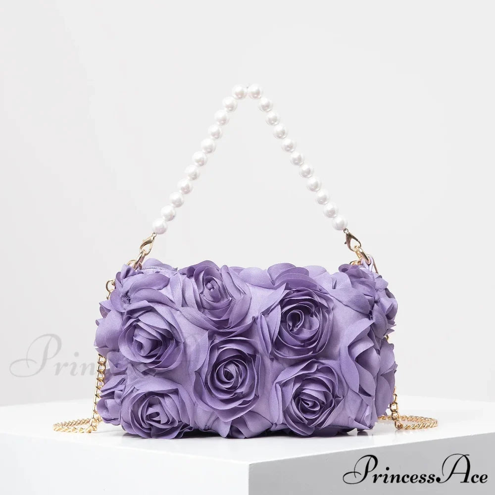 Sophisticated Rose Flower Imitation Pearl Metal Chain Clutch Purse