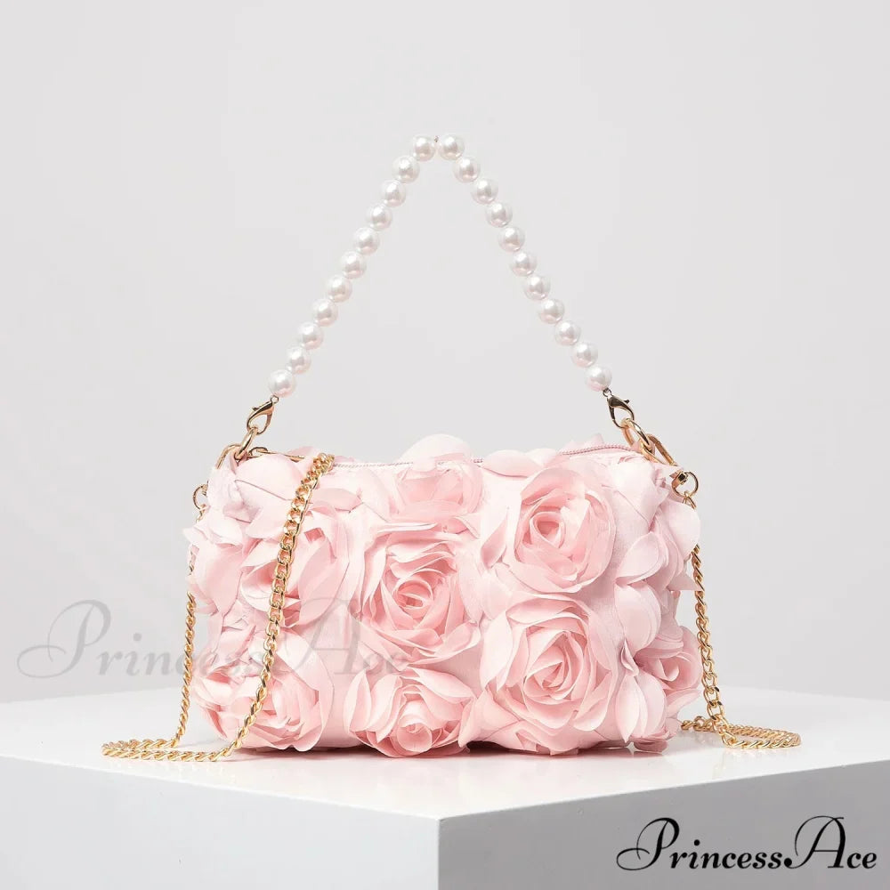 Sophisticated Rose Flower Imitation Pearl Metal Chain Clutch Purse