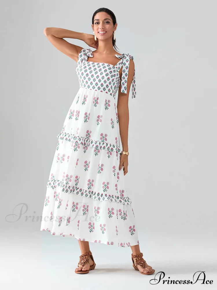 Spacious Bands Flowy Flowered Bohemian Seaside Frill Trim Square Neck A-Line Dress