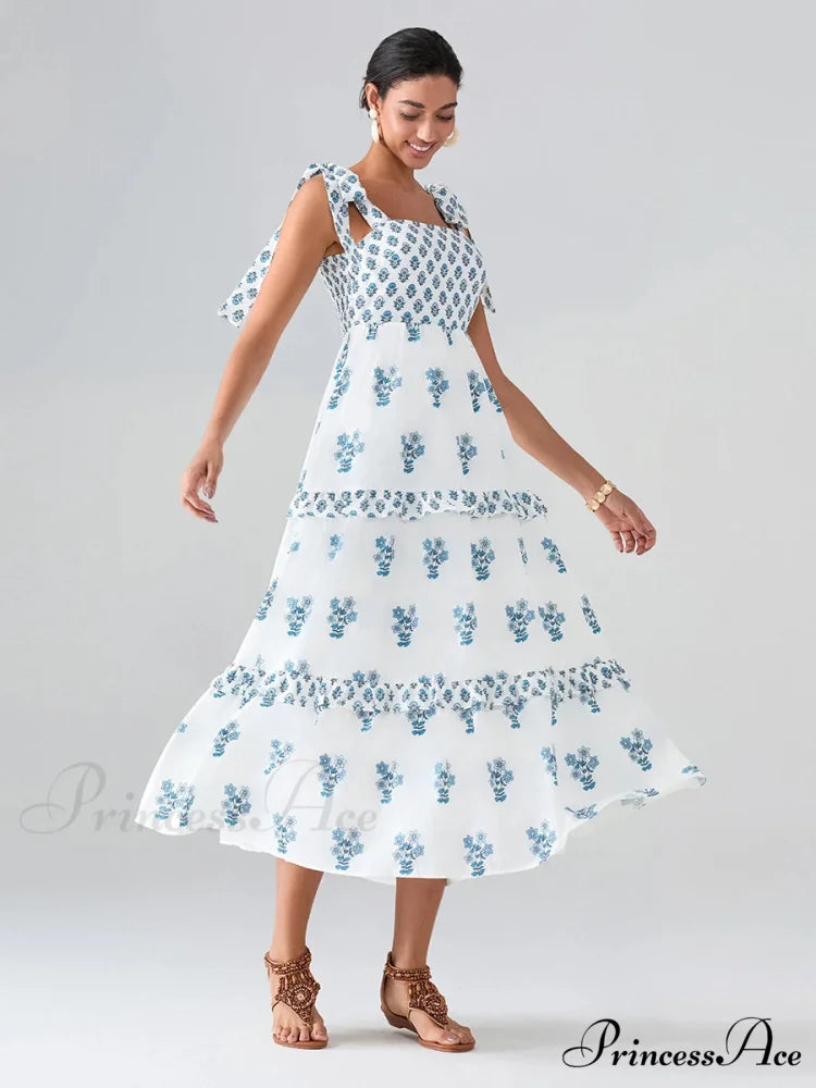 Spacious Bands Flowy Flowered Bohemian Seaside Frill Trim Square Neck A-Line Dress