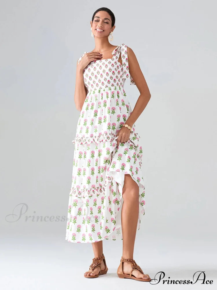 Spacious Bands Flowy Flowered Bohemian Seaside Frill Trim Square Neck A-Line Dress