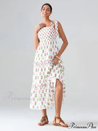 Spacious Bands Flowy Flowered Bohemian Seaside Frill Trim Square Neck A-Line Dress