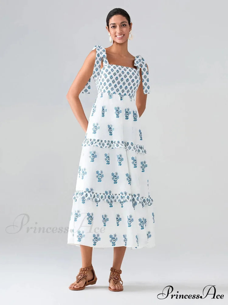 Spacious Bands Flowy Flowered Bohemian Seaside Frill Trim Square Neck A-Line Dress
