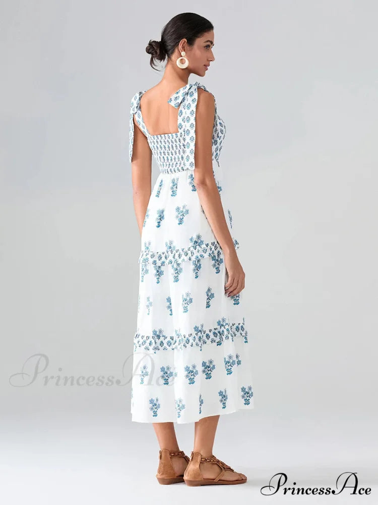 Spacious Bands Flowy Flowered Bohemian Seaside Frill Trim Square Neck A-Line Dress
