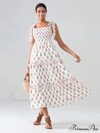 Spacious Bands Flowy Flowered Bohemian Seaside Frill Trim Square Neck A-Line Dress