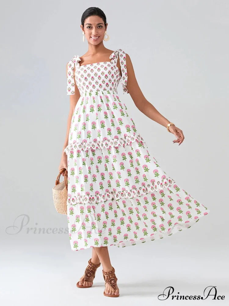 Spacious Bands Flowy Flowered Bohemian Seaside Frill Trim Square Neck A-Line Dress