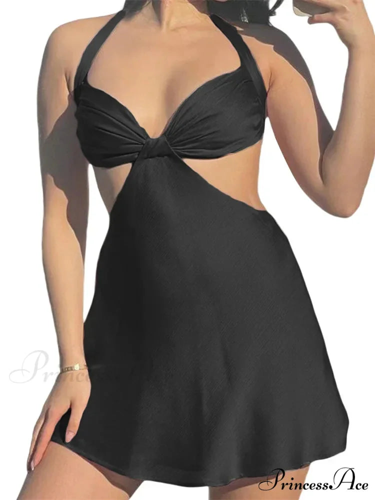 Spaghetti Strap Backless Satin Halter Hollow Out Mini Dress