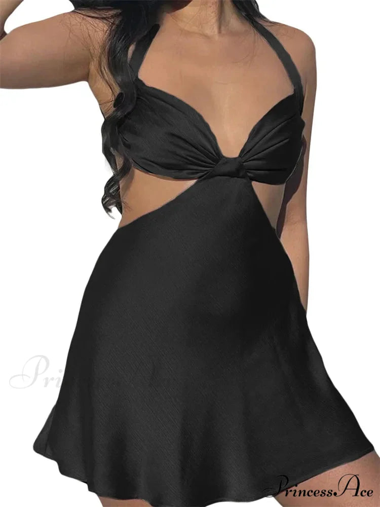 Spaghetti Strap Backless Satin Halter Hollow Out Mini Dress