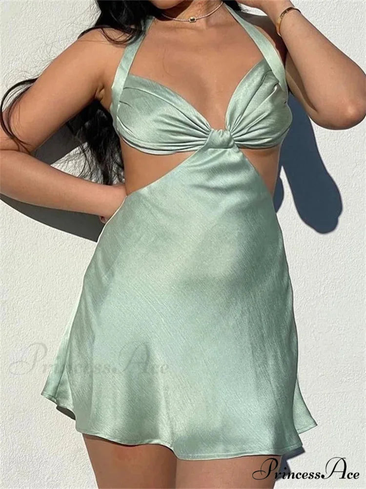 Spaghetti Strap Backless Satin Halter Hollow Out Mini Dress