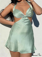 Spaghetti Strap Backless Satin Halter Hollow Out Mini Dress