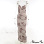 Spaghetti Strap Print Prom Mesh Wedding Guest Evening Party Floral Dress