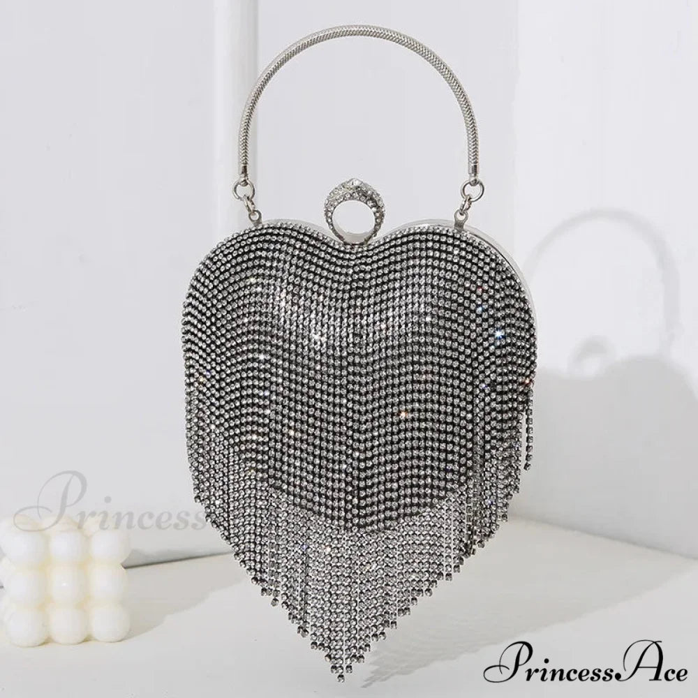 Sparkling Heart Design Silver Evening Clutch Wedding Bridal Bag