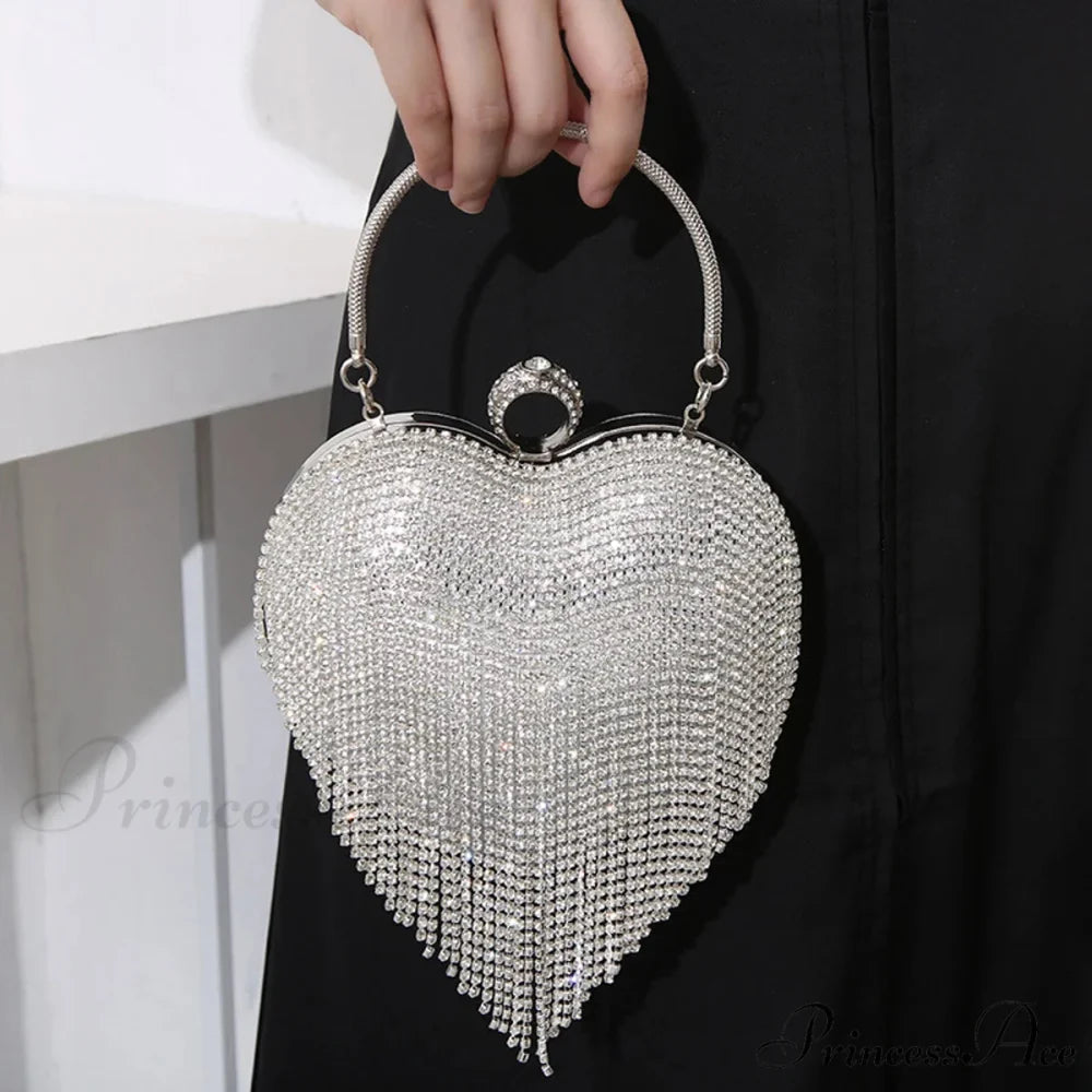 Sparkling Heart Design Silver Evening Clutch Wedding Bridal Bag