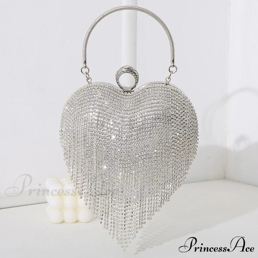 Sparkling Heart Design Silver Evening Clutch Wedding Bridal Bag
