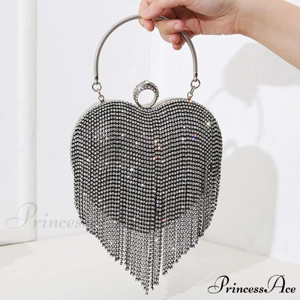 Sparkling Heart Design Silver Evening Clutch Wedding Bridal Bag