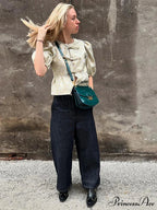 Sparkling Lace-Up Bow Puffy Sleeve Brief Blouse