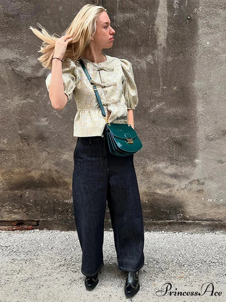 Sparkling Lace-Up Bow Puffy Sleeve Brief Blouse