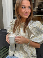 Sparkling Lace-Up Bow Puffy Sleeve Brief Blouse