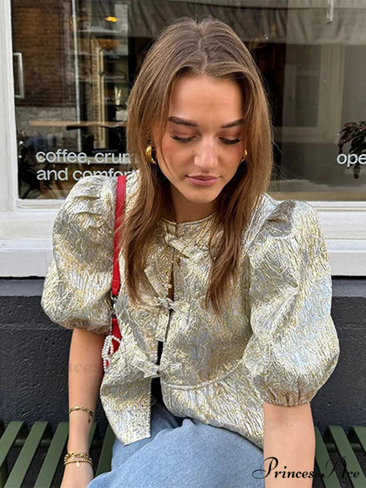 Sparkling Lace-Up Bow Puffy Sleeve Brief Blouse