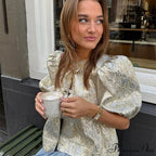 Sparkling Lace-Up Bow Puffy Sleeve Brief Blouse