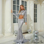 Sparkling Long Sleeve Crop Top Mermaid Prom Dress
