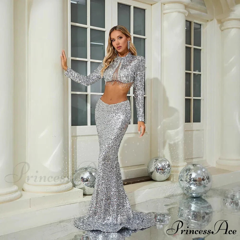 Sparkling Long Sleeve Crop Top Mermaid Prom Dress